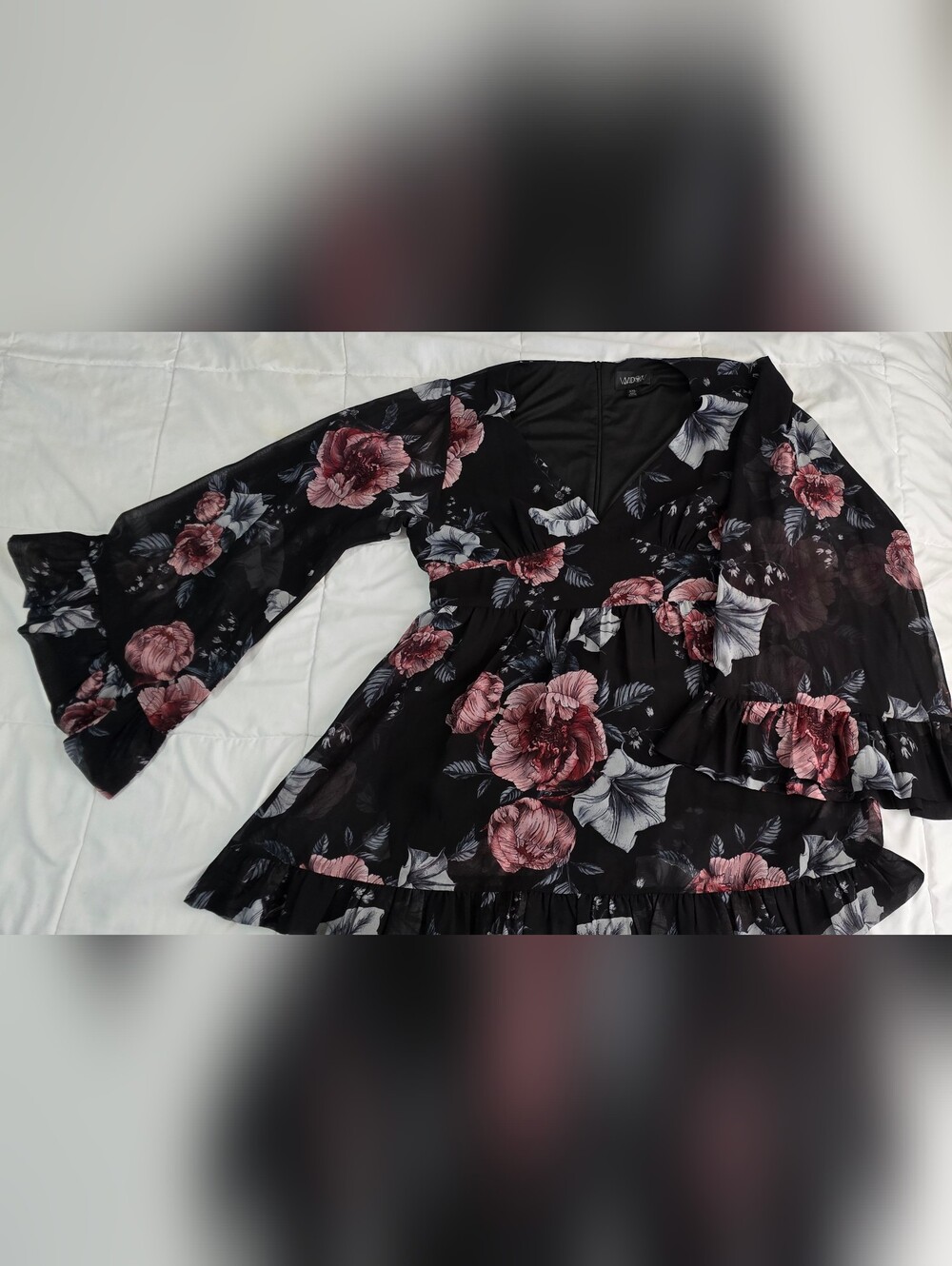 Killstar's WIDOW - Navt Dress with Dusty Rose and Light Gray Floral